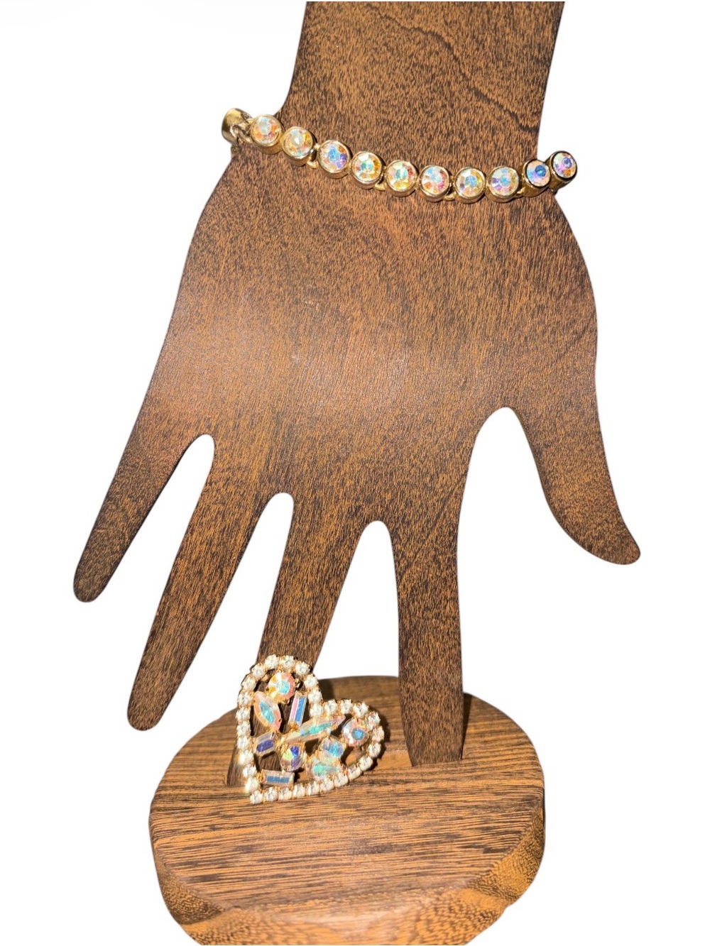 Gold-Tone Iridescent Crystal Bracelet and Heart  Brooch Set